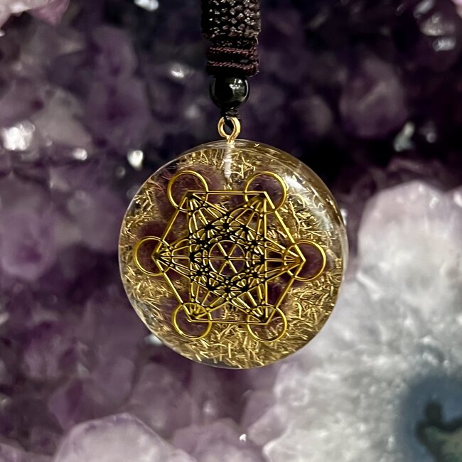 Amethyst Metatron (Matatron) Orgonite Orgone Necklaces - Brown Braided Chain Gold Protection EMF 5G Geometric