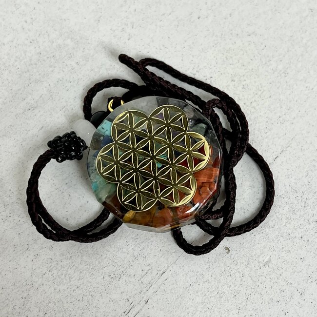 Flower of Life Orgonite Orgone Necklaces - Brown Braided Chain Gold Protection EMF 5G Geometric