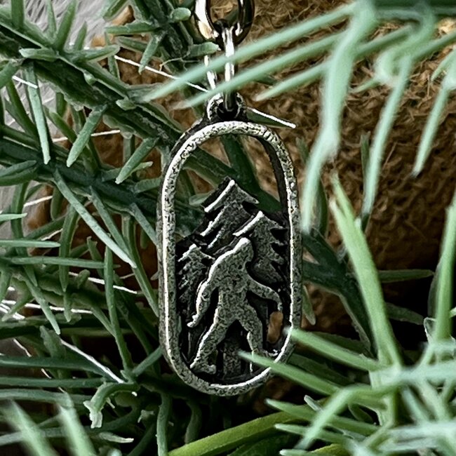 Bigfoot Big Foot Keychain - Bigfoot in Trees Oval Shape Silver Color