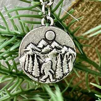 Bigfoot Big Foot Keychain - Bigfoot in Trees Full Moon Round Shape Silver Color