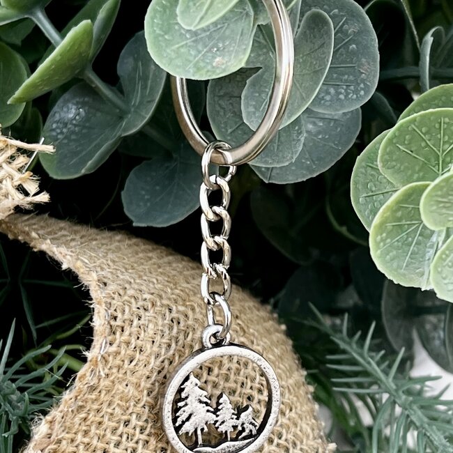 Bigfoot Big Foot Keychain - Bigfoot with Trees Round Shape Silver Color