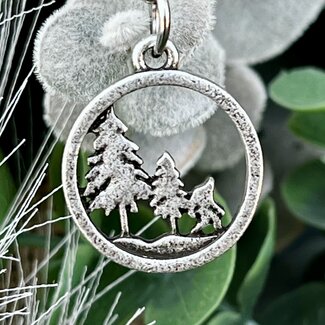 Bigfoot Big Foot Keychain - Bigfoot with Trees Round Shape Silver Color