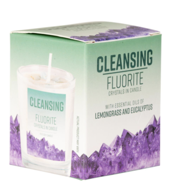Cleansing Rainbow Fluorite Votive Candle - Lemongrass and Eucalyptus Essential Oil 4 oz Soy Lead Free Wick
