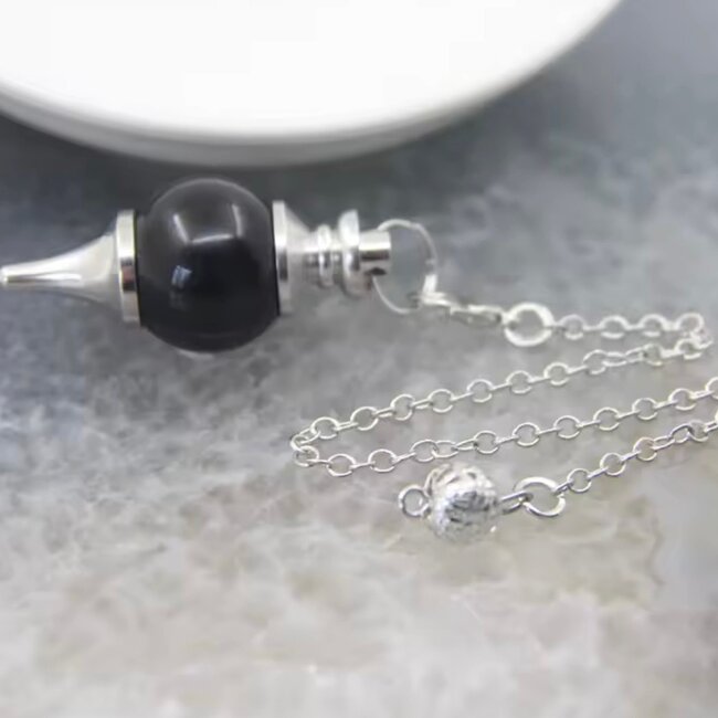 Black Obsidian Pendulums - Round Sephoroton Dowsing Divination Silver Chain - Gemstone Crystal