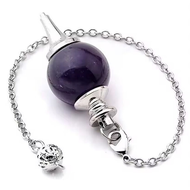 Amethyst Pendulums - Round Sephoroton Dowsing Divination Silver Chain - Gemstone Crystal