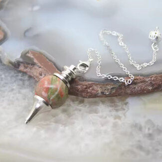Unakite Jasper Pendulums - Round Sephoroton Dowsing Divination Silver Chain - Gemstone Crystal