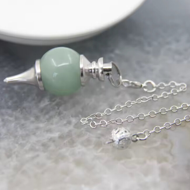 Green Aventurine Pendulums - Round Sephoroton Dowsing Divination Silver Chain - Gemstone Crystal