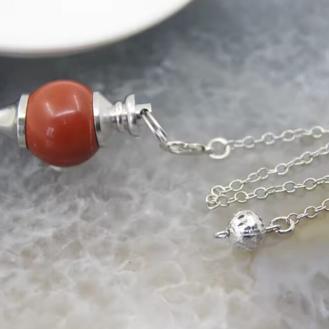 Red Jasper Pendulums - Round Sephoroton Dowsing Divination Silver Chain - Gemstone Crystal