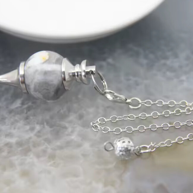 White Howlite (Magnesite) Pendulums - Round Sephoroton Ball Dowsing Divination Silver Chain - Gemstone Crystal