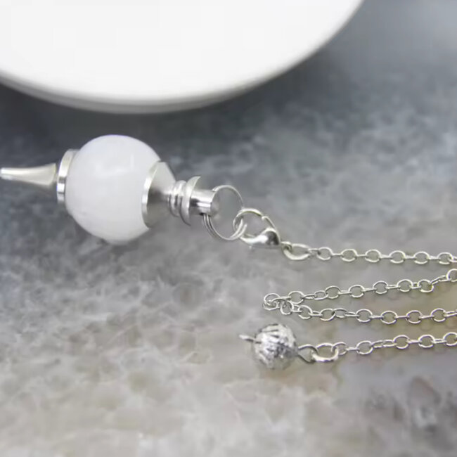 White Jade Pendulums - Round Sephoroton Ball Dowsing Divination Silver Chain - Gemstone Crystal