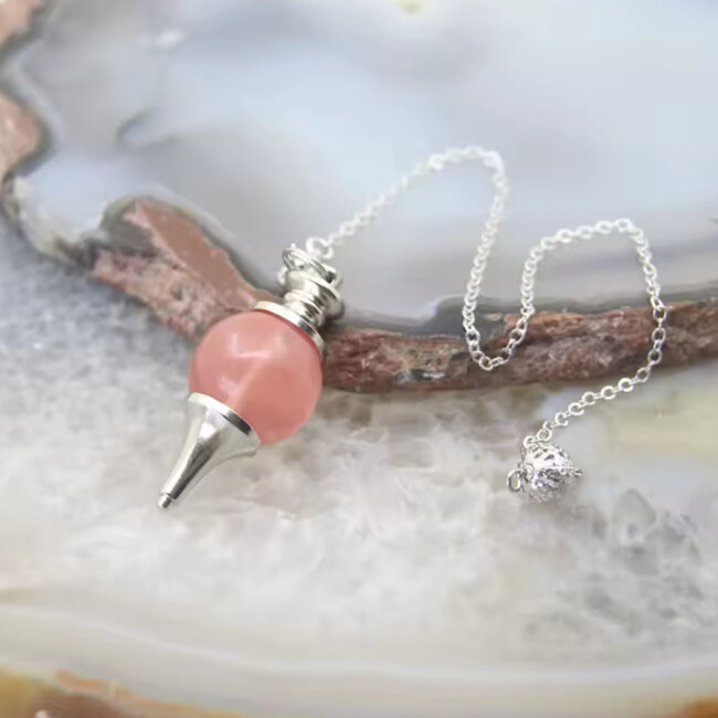 Cherry Quartz Pendulums - Round Sephoroton Ball Dowsing Divination Silver Chain - Gemstone Crystal