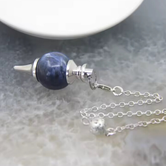 Sodalite Pendulums - Round Sephoroton Dowsing Divination Silver Chain - Gemstone Crystal