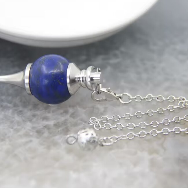 Lapis Lazuli Pendulums - Round Sephoroton Ball Dowsing Divination Silver Chain - Gemstone Crystal