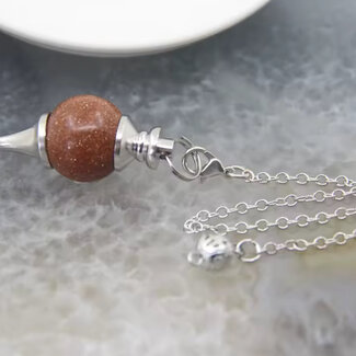 Goldstone Sand Gold Stone Pendulums - Round Sephoroton Dowsing Divination Silver Chain - Gemstone Crystal