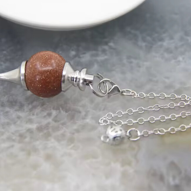 Goldstone Sand Gold Stone Pendulums - Round Sephoroton Dowsing Divination Silver Chain - Gemstone Crystal