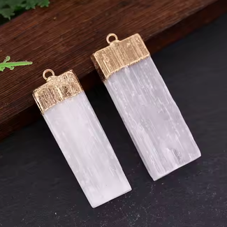 Selenite (Satin Spar Gypsum) Pendants - Flat Blade Rough Raw Natural - Gold Plated Cap 2"