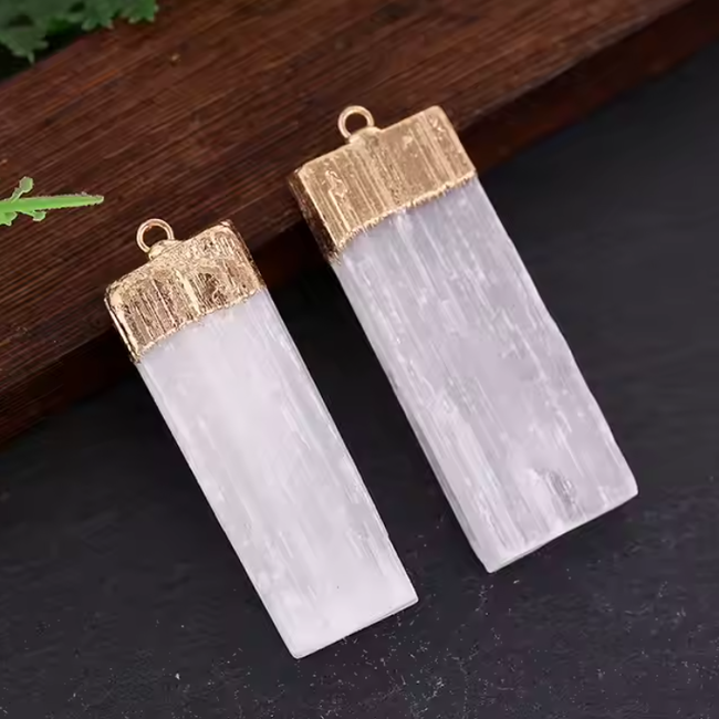 Selenite (Satin Spar Gypsum) Pendants - Flat Blade Rough Raw Natural - Gold Plated Cap 2"
