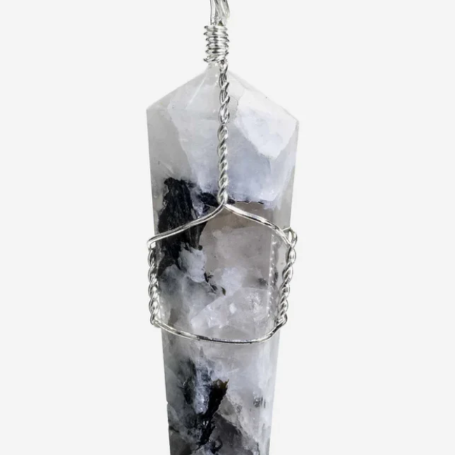 Rainbow Moonstone Pendants - Wire Wrapped Faceted Points - Silver Plated