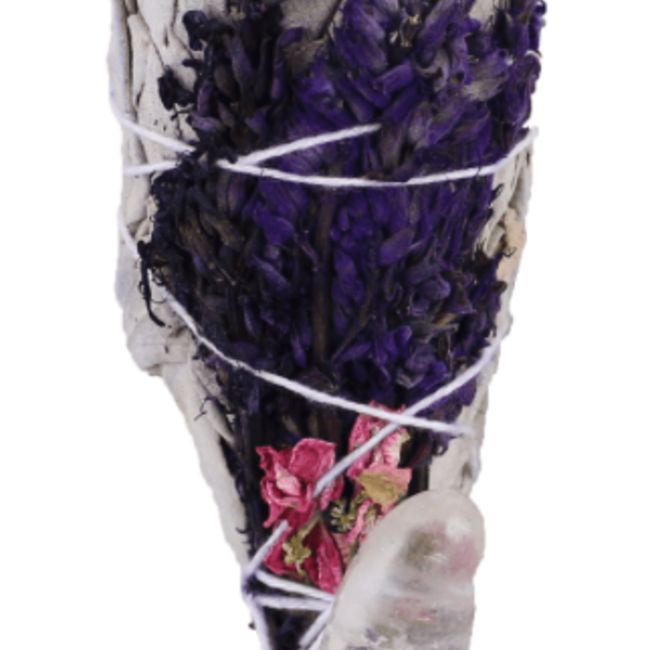 White Sage & Lavender with Wildflowers and Clear Quartz Tumble Torch Smudge Stick - 3-4"