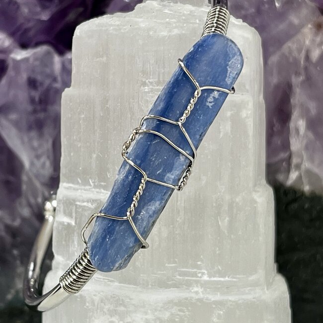 Blue Kyanite Cuff Bracelets - Silver Plated Wire Wrapped - Rough Raw Natural
