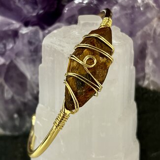 Gold Tigers Eye Cuff Bracelets - Brass Gold Plated Wire Wrapped - Rough Raw Natural