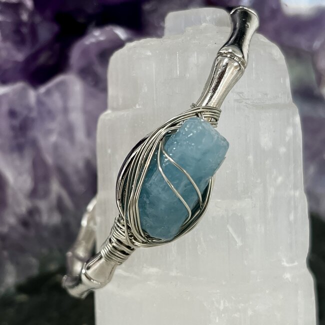 Aquamarine Cuff Bracelets - Silver Plated Wire Wrapped - Rough Raw Natural
