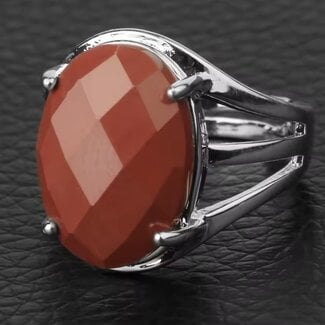 Red Jasper Ring - Adjustable Oval Faceted Silver Plated