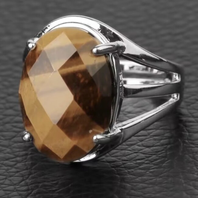 Gold Tigers Eye Ring - Adjustable Oval Faceted Silver Plated