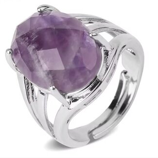 Amethyst Ring - Adjustable Oval Faceted Silver Plated