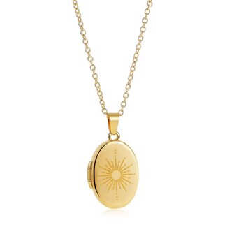 Sun Engraved Gold Plated Locket Necklace - Adjustable Link Chain Vintage Stainless Steel Jewelry