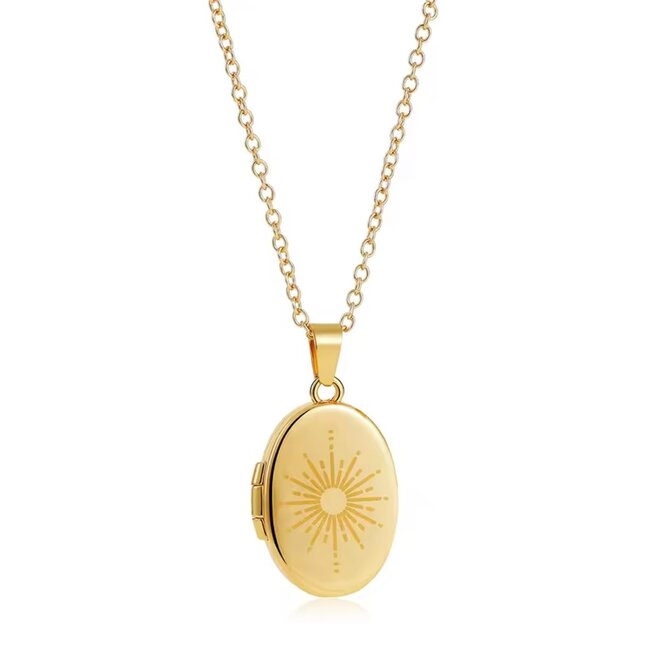 Sun Engraved Gold Plated Locket Necklace - Adjustable Link Chain Vintage Stainless Steel Jewelry