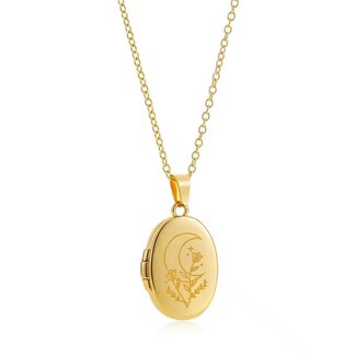 Moon and Flowers Engraved Gold Plated Locket Necklace - Adjustable Link Chain Vintage Stainless Steel Jewelry