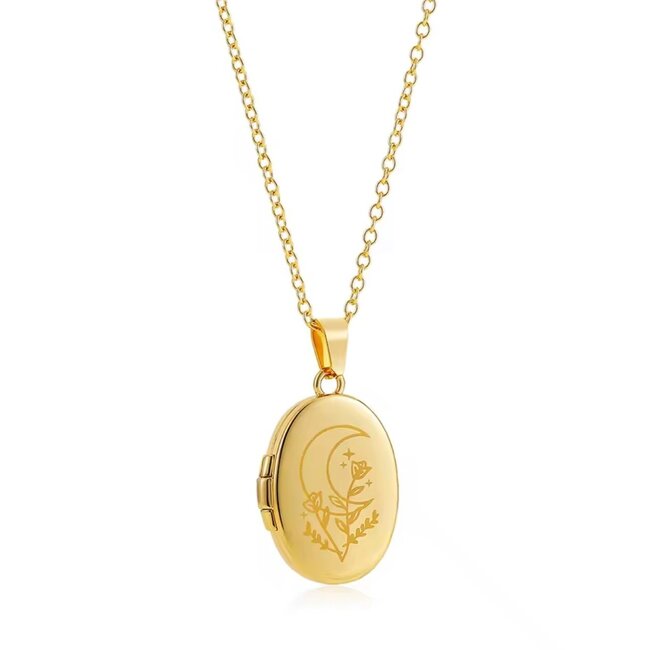 Moon and Flowers Engraved Gold Plated Locket Necklace - Adjustable Link Chain Vintage Stainless Steel Jewelry