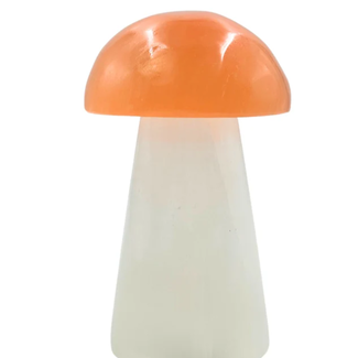 Selenite (Satin Spar Gypsum) Mushroom with Orange Top Lamp Light - 6"  (Cord & Bulb Included)