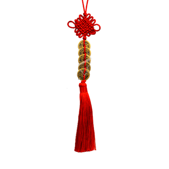 Feng Shui 5 (Five) Coins Row Hanging with Tassel (12") Red Wall Decor Door Protection Chinese