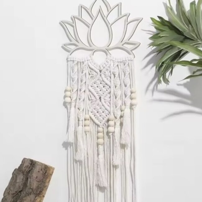 Lotus Dream Catcher Dreamcatcher - Wooden Lotus and Beads White Macrame 28"