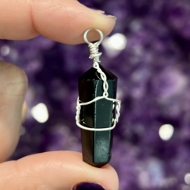 Black Tourmaline Point Pendant - Wire Wrapped - Rough Raw Natural Silver Plated