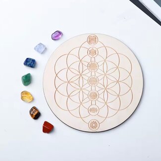 Chakra Crystal Grids & Crystal Set - 4" Round Wood - Rough Raw Natural