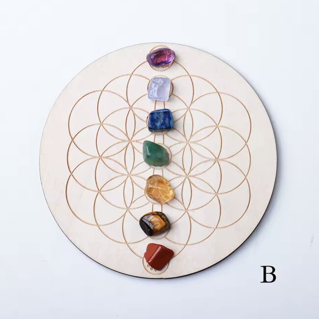 Chakra Crystal Grids & Crystal Set Kit - 4" Round Wood - Rough Raw Natural