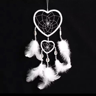 White Dreamcatcher Dream Catcher - Double Heart White Feathers - Sea Shells 14"