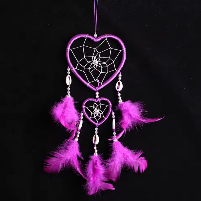 Bright Pink Dreamcatcher Dream Catcher - Double Heart Pink Feathers - Sea Shells 14"
