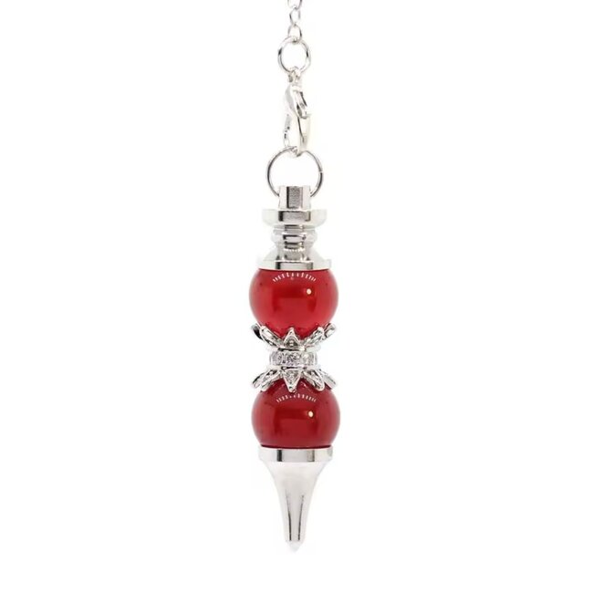 Red Agate Pendulums - Double Round Sephoroton Dowsing Divination Silver Chain - Gemstone Crystal