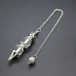 Clear (Crystal) Quartz Pendulums - Double Round Sephoroton Dowsing Divination Silver Chain - Gemstone Crystal