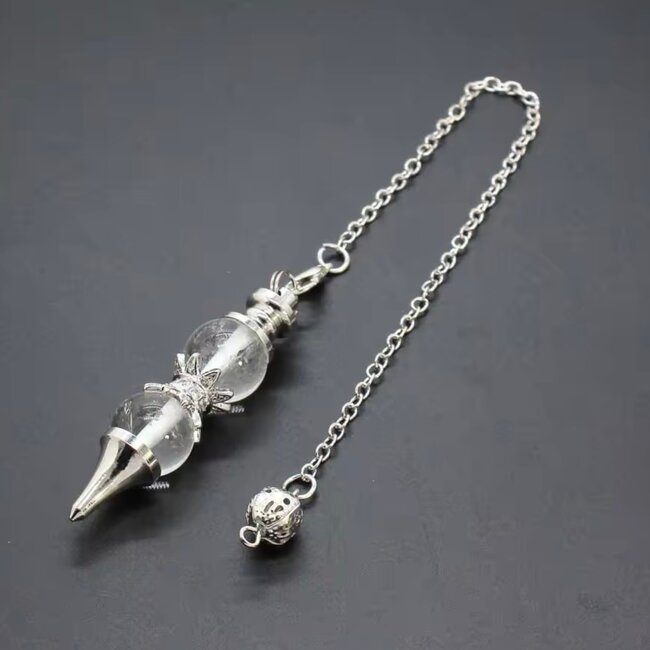 Clear (Crystal) Quartz Pendulums - Double Round Sephoroton Dowsing Divination Silver Chain - Gemstone Crystal