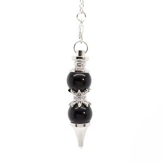 Black Agate Pendulums - Double Round Sephoroton Dowsing Divination Silver Chain - Gemstone Crystal