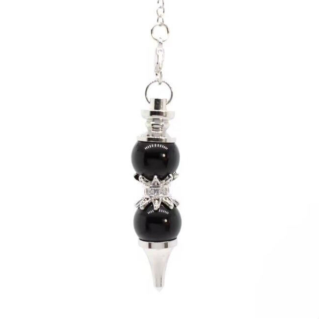 Black Agate Pendulums - Double Round Sephoroton Dowsing Divination Silver Chain - Gemstone Crystal