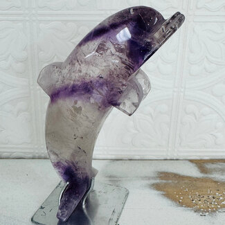 Amethyst Dolphin on Stand Pin - Carving 6" Large Specimen Display