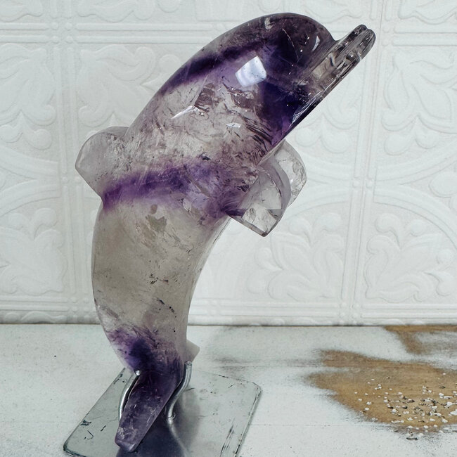 Amethyst Dolphin on Stand Pin - Carving 6" Large Specimen Display