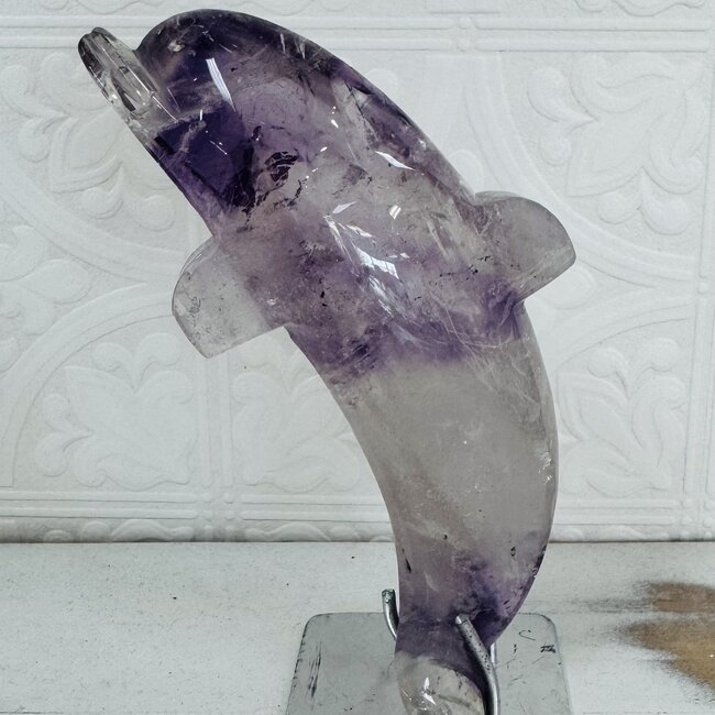 Amethyst Dolphin on Stand Pin - Carving 6" Large Specimen Display