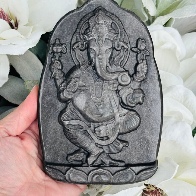 Silversheen Silver Sheen Obsidian Ganesh Carving Tile - Large 6" (Stand Included)